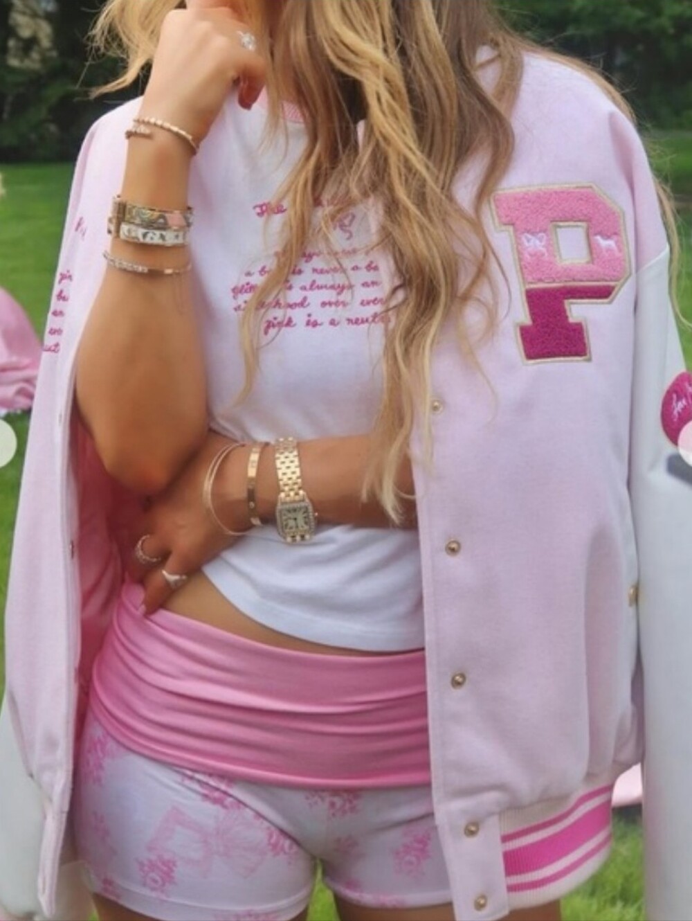 New!PINK x LoveShackFancy Pink and White Varsity Jacket with Embroidered Patch